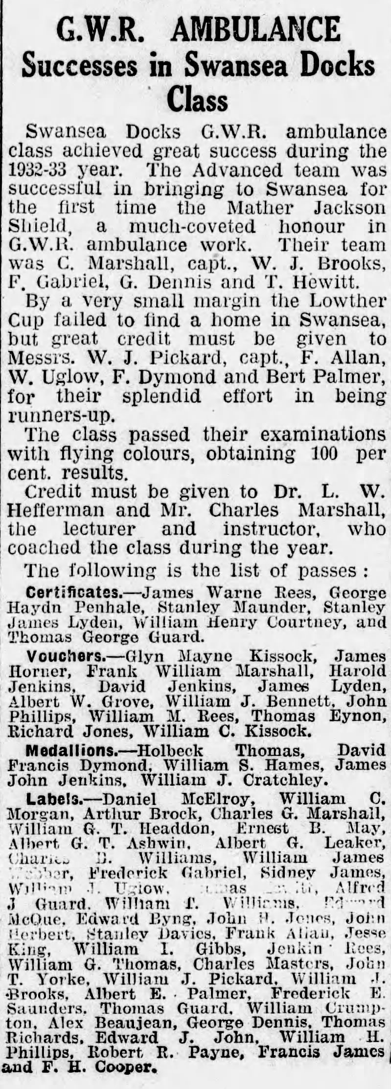 Newspaper report, Swansea Ambulance Classes awards 1933, Thomas Guard and Thomas George Guard